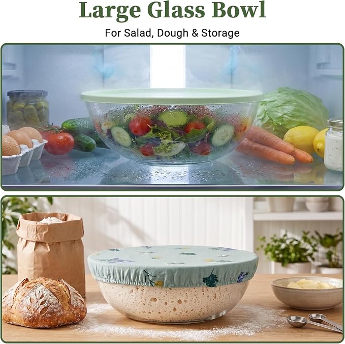 Physkoa 6.3 Qt Glass Sourdough Bowl Kit & 2 Pack 8oz Prep Bowls with Lid | Includes Silicone Lid & Breathable Fabric Cover; Heavy Duty Borosilicate Glass, Perfect for Dough Fermentation & Home Baking