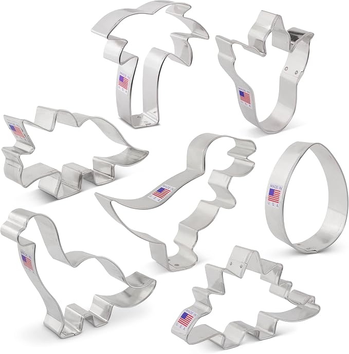 Ann Clark Dinosaur Cookie Cutter Set of 7, Made in USA | Includes: T-Rex, Stegosaurus, Triceratops, Dino Foot, & More, America's Largest Cookie Cutter Maker, Food-Safe American Steel