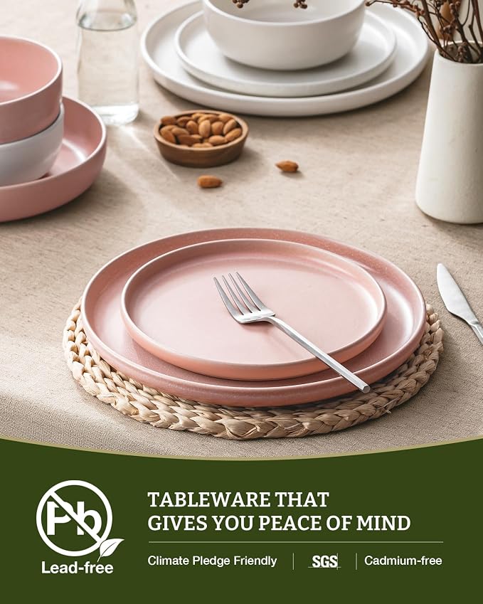 Famiware Milkyway 12-Piece Dinnerware Set, Matte Beige White & Light Pink | Stoneware Plates and Bowls for 4, Reactive Glaze Dish Set, Microwave & Dishwasher Safe, Chip & Scratch Resistant