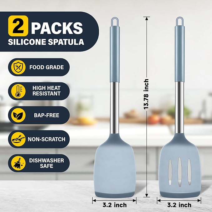 2 Pack Silicone Spatula Set, Solid & Slotted Turner for Non-Stick Pans, High Heat Resistant Silicone Spatula for Cooking, BPA-Free Stainless Steel Cooking Utensils for Fish, Eggs, Pancakes, Blue