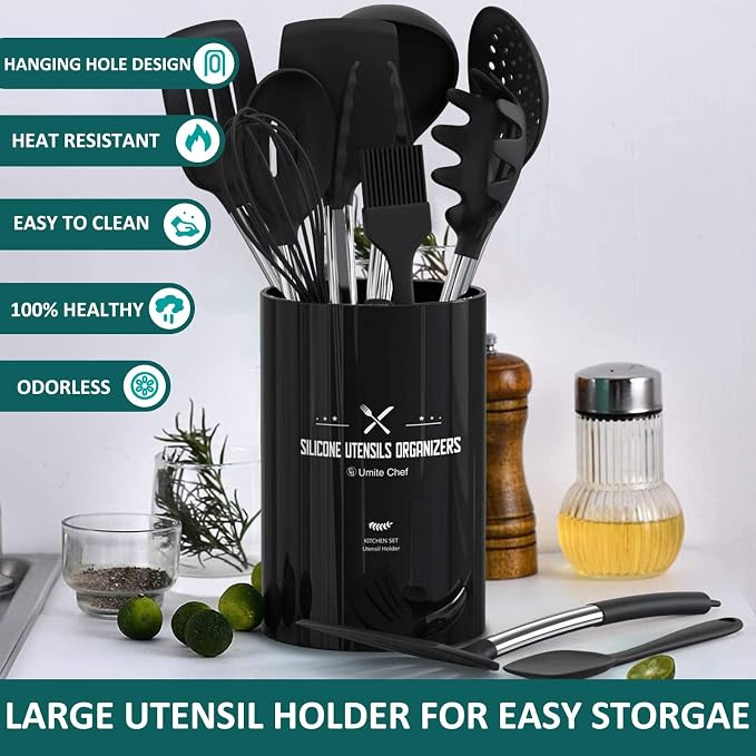 Silicone Cooking Utensil Set, Umite Chef 15pcs Silicone Cooking Kitchen Utensils Set, Non-stick - Best Kitchen Cookware with Stainless Steel Handle - Black Kitchen Utensils
