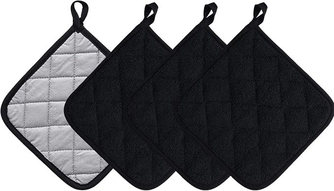 Kitchen Pot Holders Set Heat Resistant Pure Cotton Potholders Kit Trivets Large Coasters Hot Pads Terry Pot Holders for Everyday Cooking and Baking by 7 x 7 Inch Set of 4 Black