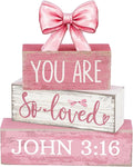 Lineshading 4 Pcs Pink Bow Decor Christian Table Decor Wooden Block Signs | Tiered Tray Filler, You Are So Loved John 3:16 Signs, Rustic Shelf Accent, Faith Gift for Girls, Tabletop Home Decorations
