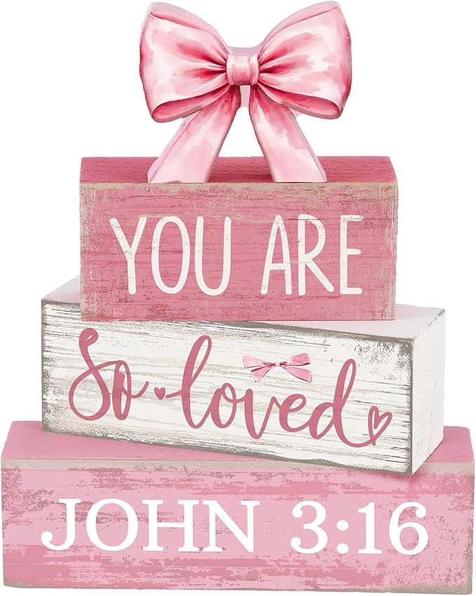 Lineshading 4 Pcs Pink Bow Decor Christian Table Decor Wooden Block Signs | Tiered Tray Filler, You Are So Loved John 3:16 Signs, Rustic Shelf Accent, Faith Gift for Girls, Tabletop Home Decorations