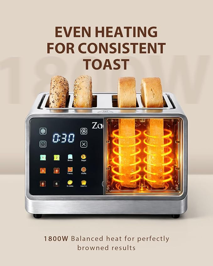 4 Slice Smart Toaster with Dual Independent Controls for Family Breakfast | Touchscreen, 1.5" Extra-Wide Slots, 6 Bread Modes, 6 Shade Levels, One-Sided Bagel Toasting, Defrost, Reheat, Stainless Steel