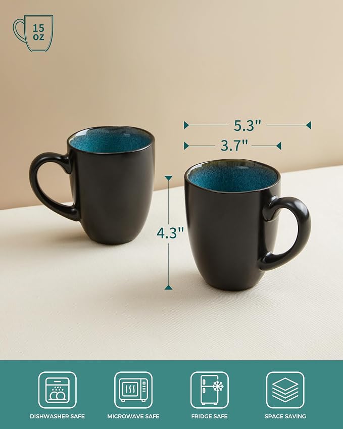 Pokini Coffee Mug 15 oz, Ceramic Coffee Mugs Set of 4, Reactive Glaze Mug for Latte/Tea/Cappuccino/Milk, Irregular Large Mug Set for Men, Women, Dad, Mom, Dishwasher & Microwave Safe, Green Black