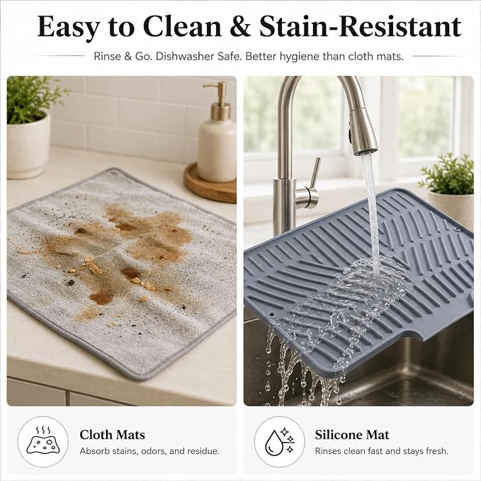 Silicone Dish Drying Mat with Drain Lip, 15.8 x 13 in, Gray | Raised ridges elevate dishes and create space for water to move across the silicone surface.