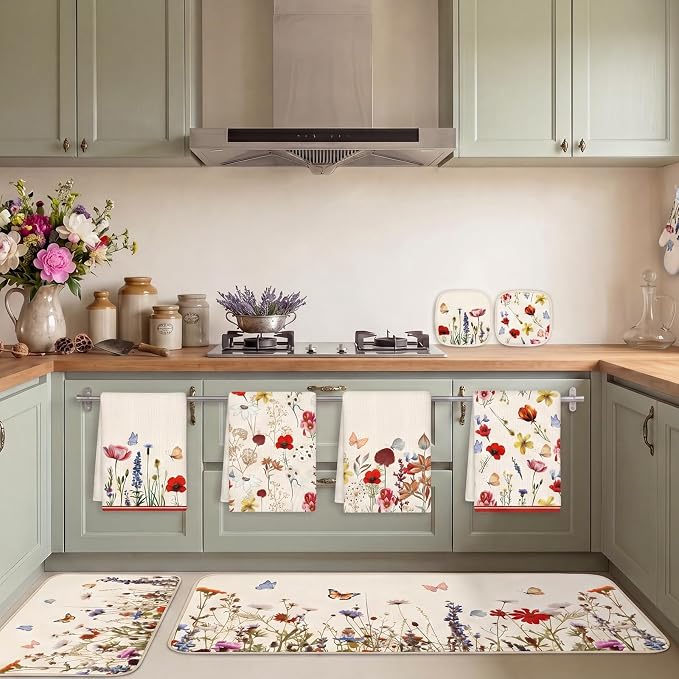 Tieshankao 10Pcs Wildflower Kitchen Decor Accessories Set | Vintage Wildflower Floral Theme, Kitchen Towels, Oven Mitts, Pot Holders, Rugs and Mats, Baking Supplies, Housewarming Gifts