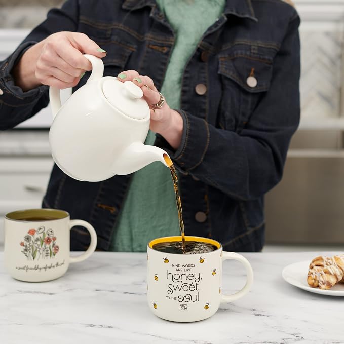 Christian Art Gifts Large Ceramic Coffee & Tea Mug for Women: Kind Words are Like Honey Inspirational Bible Verse, Cute Microwave/Dishwasher Safe Bumble Bee Cup, Yellow/White, 15 oz. (Pack of 2)