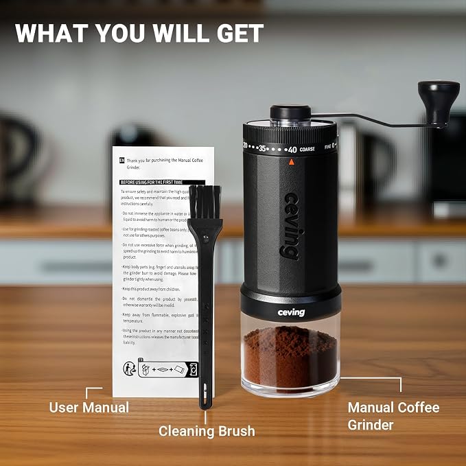 CEVING World's First 60g Large Capacity Manual Coffee Grinder, Black | 40 External Settings, Portable Hand Coffee Bean Mill with Ceramic Conical Burr for Travel, Camping, Drip, Pour Over & Gift