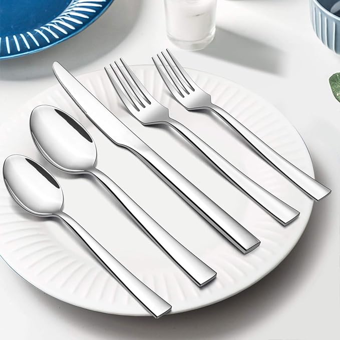 E-far 60-Piece Silverware Set, Stainless Steel Flatware Set Service for 12, Tableware Cutlery Set for Home Restaurant Party, Dinner Forks/Spoons/Knives, Square Edge & Mirror Polished, Dishwasher Safe