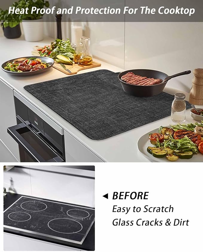 Stove Top Covers for Electric Stove 31x24 Inches, Vintage Black Solid Color HeatResistant Glass Cooktop Protector, Farmhouse Retro Linen Texture Ceramic Stovetop Countertop Covers Mat, Oven Cover