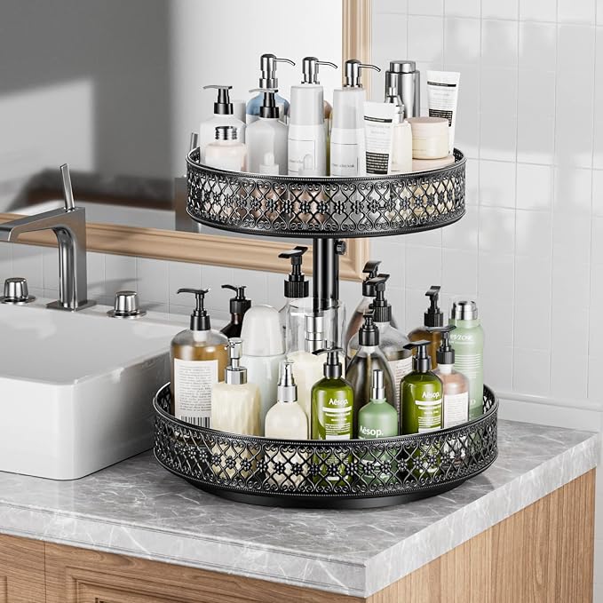 2 Tier Lazy Susan Organizer - Adjustable Rotating Spice Rack 12 inch | Floral Turntable Lazy Susan for Cabinet Pantry Kitchen Countertop Table Top Cupboard Bathroom Vanity Storage Metal Black