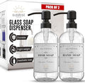 Clear Glass Soap Dispenser with Pump, 16 oz | Clear Glass, Matte Black Stainless Steel Pump, Bathroom and Kitchen Sink use, 6 Waterproof Labels, (Pack of 2)