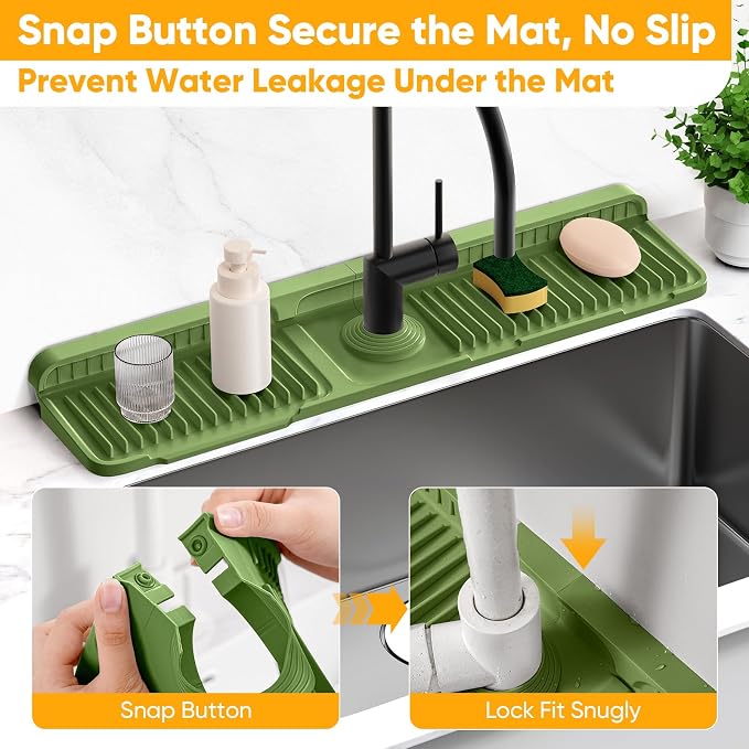 24'' Longer Faucet Mat for Kitchen Sink Splash Guard[7° Slope Fast Self-draining][Snap Lock Fit]Kitchen Sink Faucet Mat Splash Guard Kitchen Sink Area Water Splash Guard Behind Faucet Draining Mat