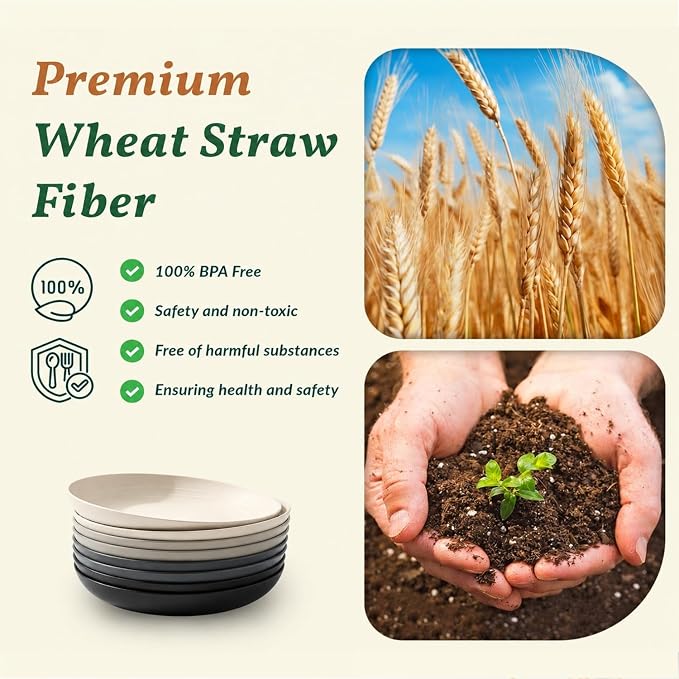 Wheat Straw Plates Set of 8, Reusable Lightweight and Unbreakable 9 inch Plates, Premium Microwave and Dishwasher Safe Plates for Kitchen, Camping, Picnic, Party - GreyStone
