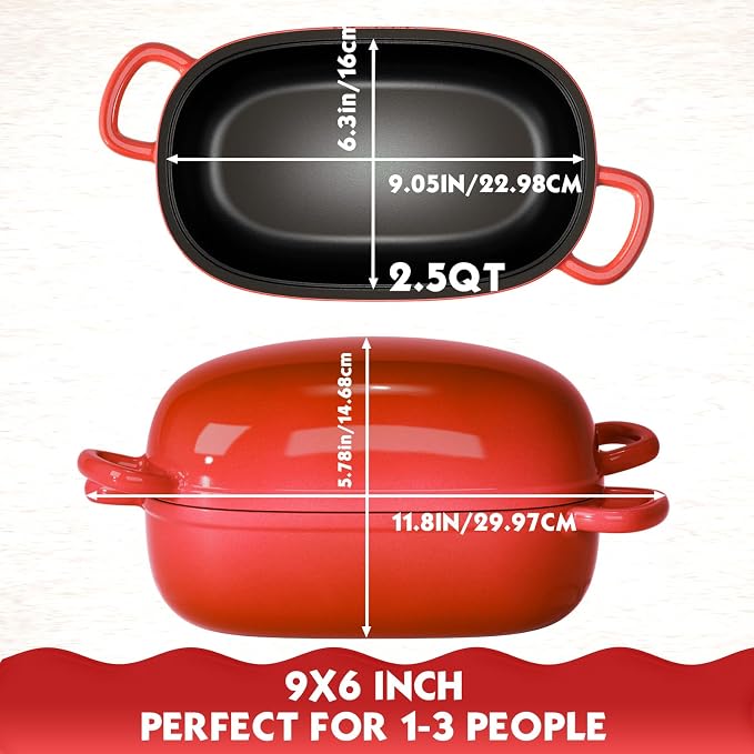 Dutch Oven 9x6 Inch，2.5QT Cast Iron Bread Pans for Bread Baking | Loaf Pan with Lid, loop handles，for Homemade Breadmaking，induction cooktop，oven safe，cooking stews & meats，Red