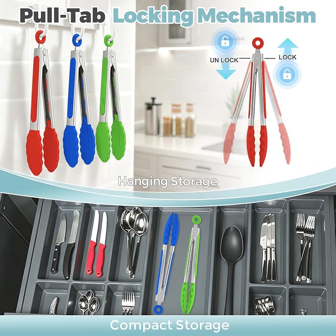 Small Cooking Tongs 7 inch Mini Serving Tongs with Silicone Tips, Set of 3 (Red + Green + Blue)