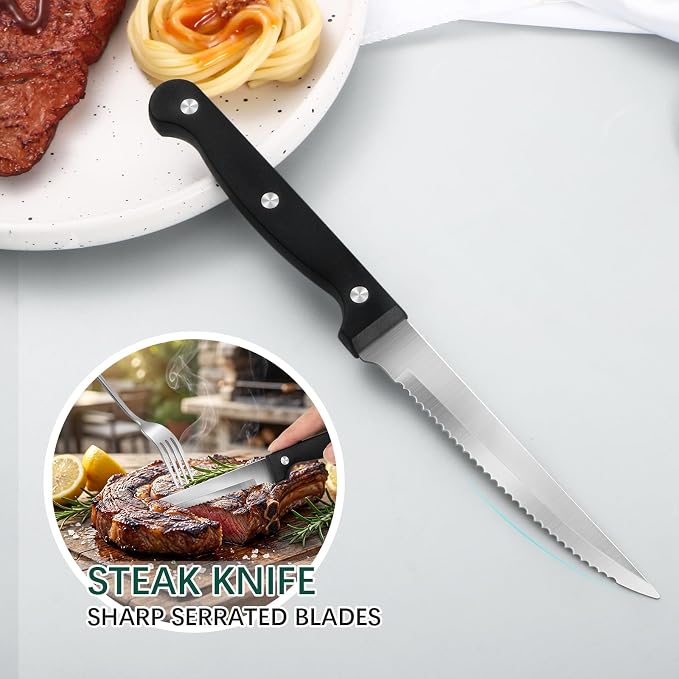 24-Piece Silver Silverware Set with Steak Knives Black Stainless Steel Flatware Set for 4 Food Grade Tableware Cutlery Set Rust-proof, Mirror Polished, Dishwasher Safe