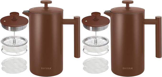 Secura French Press Coffee Maker, 304 Grade Stainless Steel Insulated Coffee Press with 2 Extra Screens, 34oz (1 Litre), Coffee (Pack of 2)