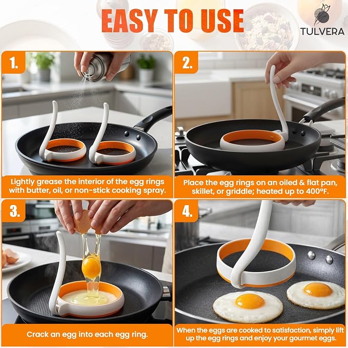 Silicone Egg Rings | Round Egg Molds for Griddle, Skillet, Frying Pan | Perfect for McMuffin, Fried Eggs, Breakfast Sandwiches, Small Circle Pancakes | Nonstick & Easy to Clean | Set of 4