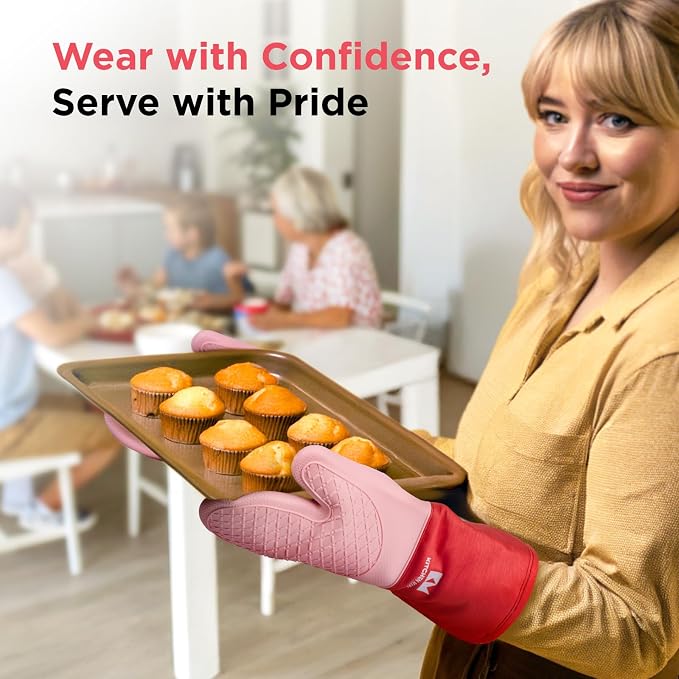 Kitchen Mama UltraShield Silicone Oven Mitts, Red | Heat Resistant, Non-Slip Surface, Waterproof, Flexible, Durable