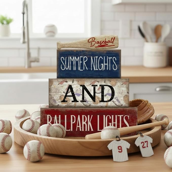 Lineshading 4 Pcs Baseball Wooden Blocks Sign with Bat, Blue White Red | Summer Nights Ballpark Lights Farmhouse Style, Party Centerpiece Room Tiered Tray, Stackable Blocks for Fans Boys Decor