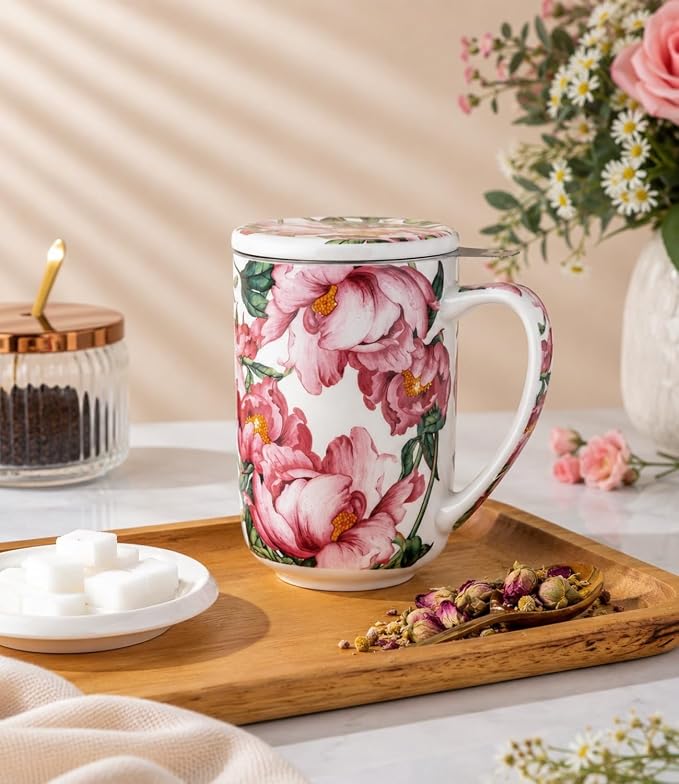 AmorArc Tea Cup With Infuser and Lid, 18oz Loose Leaf Tea Mug With Steeper | Porcelain Tea Mug With Infuser and Lid, Large Strainer Tea Cup with Lid for Tea, Coffee Mug for House-warming Birthday Gift