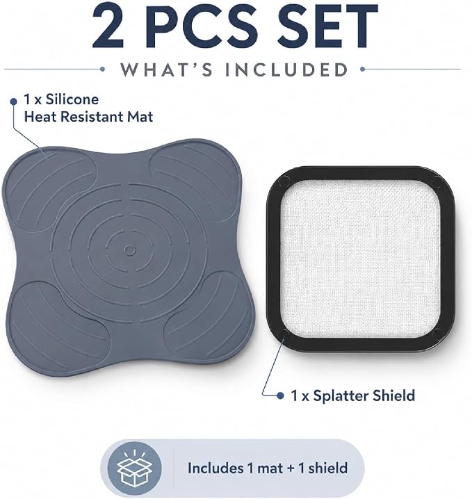 2 Pcs Silicone Heat Resistant Mat & Splatter Shield, Blue | Foldable Silicone Accessories for Air Fryer Countertop Protection Cooking Prep and Kitchen Use
