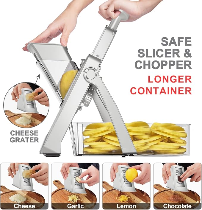 SupMaKin Safe Mandoline Slicer, Upgraded Adjustable Chips Slicer 1-8 mm | Vegetables Fruits Slicer with Container Grater, Stainless Steel Blade,Faster Slicer Artifact Kitchen Gadgets Dishwasher Gifts