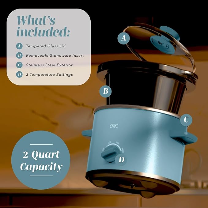 COOK WITH COLOR 2QT Mini Electric Round Slow Cooker - Adjustable Settings, Removable Stoneware Pot, Tempered Glass Lid, Dishwasher Safe, Cool-Touch Side Handles, Slate Blue