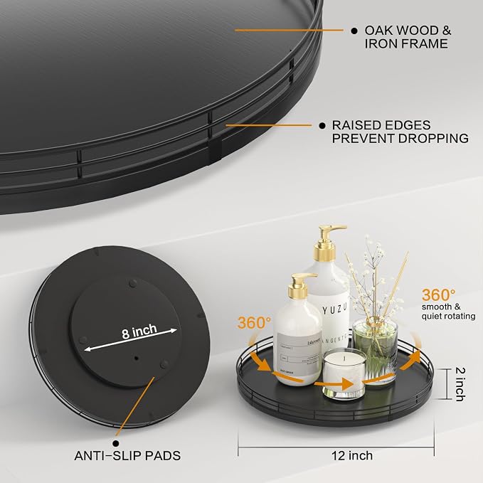 Oroyutor 12-Inch Oak Lazy Susan Vanity Tray, Black Finish | Rotating oak tray organizes spices, toiletries and decor on kitchen counters, bathroom vanities, dining and coffee tables.