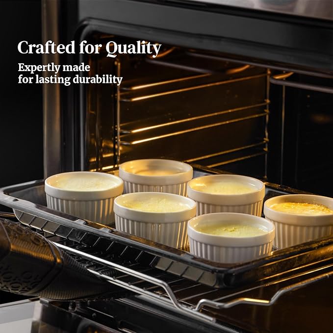 DOWAN Ramekins 6 oz Ceramic Ramekins Set of 6, Oven Safe Souffle Dishes for Air Fryer Baking, Mini Round Baking Cups for Creme Brulee, Dipping Sauces, Desserts and Prep Bowls, White