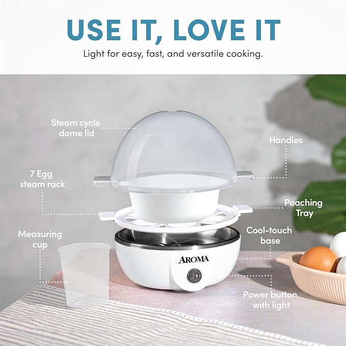AROMA® Overly Easy Egg Cooker, Steamer, and Electric Egg Poacher | XL Capacity Egg Steamer Fits 7 Eggs