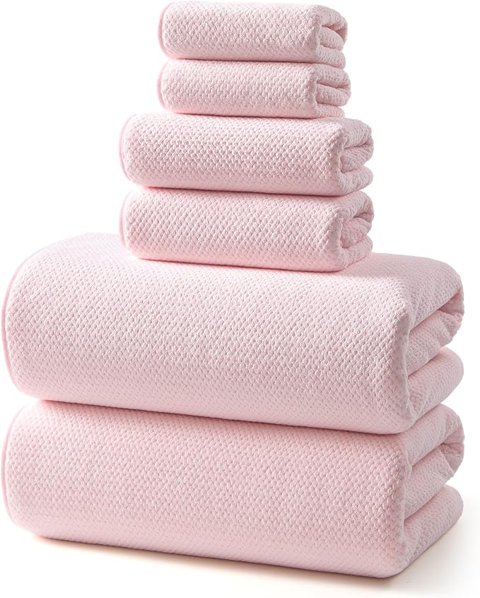 REDKISS 6 Piece Pink Towel Set, Extra Large Microfiber Bathroom Towels Set, 2 Bath, 2 Hand, 4 Washcloths, Super Soft, Highly Absorbent, Quick Dry Pink Towels for Bathroom, Gym, Spa & Hotel