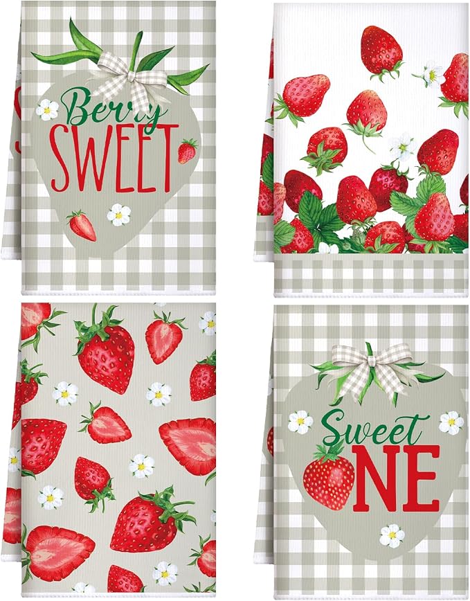 Strawberry Kitchen Towels Sage Green Hand Dish Towels | Absorbent Berry Tea Towel Fast Drying Housewarming Gift for Kitchen Bathroom Christmas Holiday Strawberry Party Decor