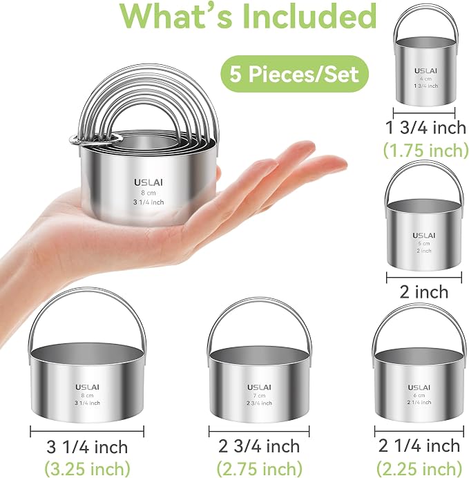 USLAI Biscuit Cutter Set (1.75, 2, 2.5, 2.75, 3.25 Inch) | Food-Grade Stainless Steel, Fluted Cookie Cutter with Handle, Professional Kitchen Baking Dough Tools