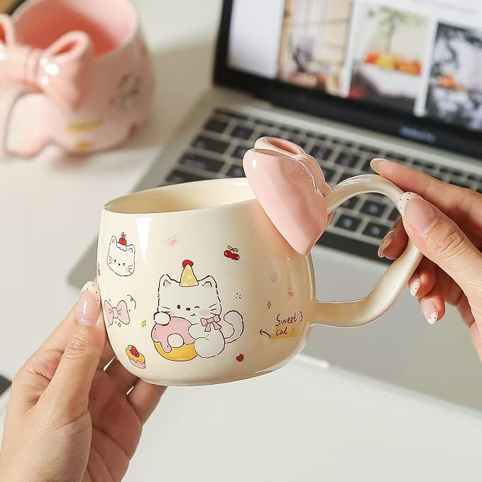 DTIUYIOP-Cute WhiteCat Ceramic Coffee Mug with 3D Bow & Bow Spoon | Kawaii Kitty Animal Tea Cup,13.5oz,Large Curved Handle Milk Cup, Lovely Gift for Girls Women Birthday Christmas