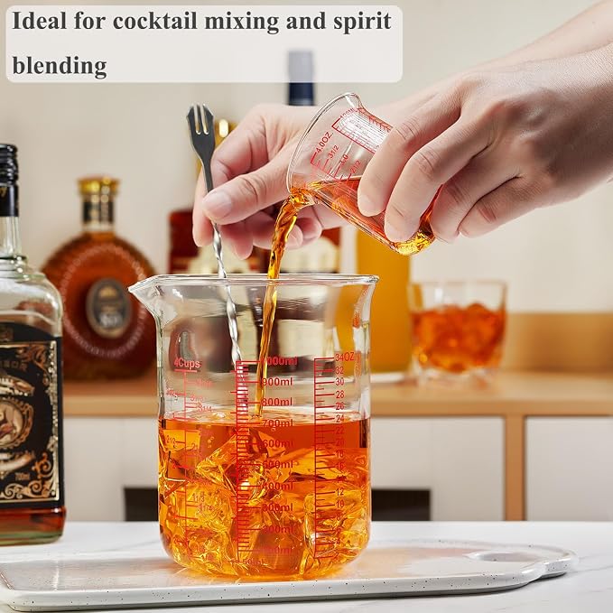 High Borosilicate Glass Measuring Cup-V-Shaped Spout，Glass Measuring Beaker for Kitchen or Restaurant, Easy to Read, 1000 ML (32 Oz, 4Cup)