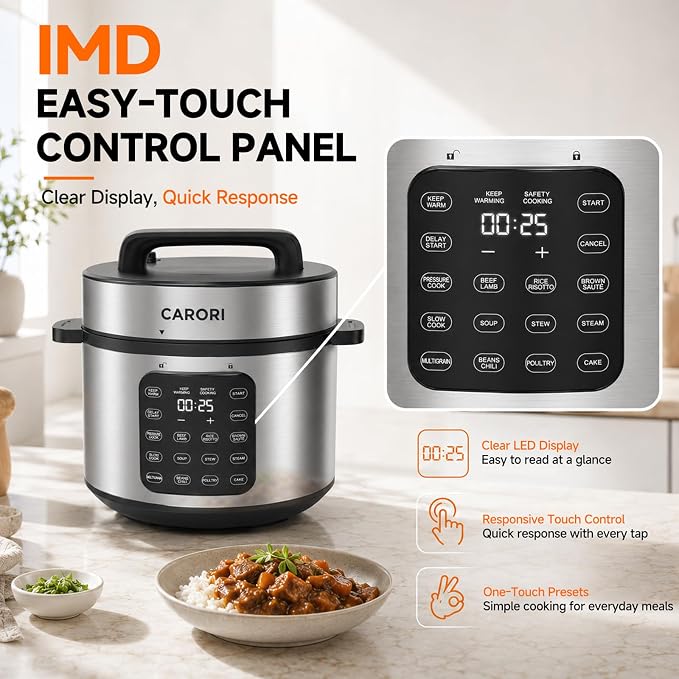 CARORI 8Qt Electric Pressure Cooker, 9-in-1 Multifunction, IMD Touchscreen, Non-Stick Pot. 1200W for Instant Feast. Olla de Presion (Ollas). Safe Venting.Rice,Slow,Steamer, Sauté, Warmer, Silver