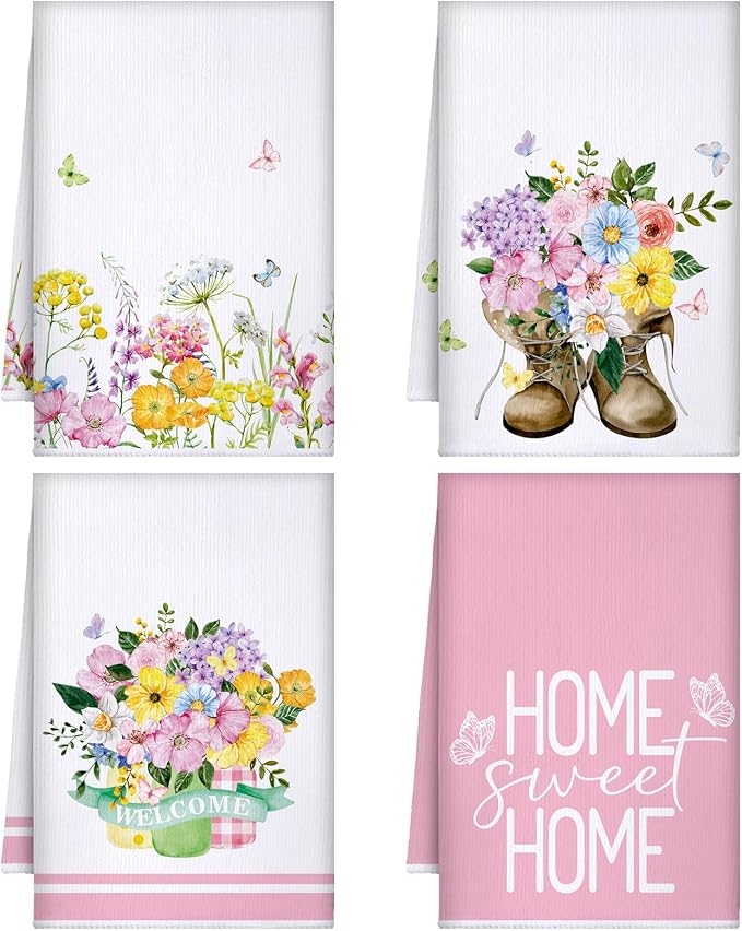 4 Pcs Floral Kitchen Towels Set Pink and White Hand Tea Towels | Butterfly Flower Dishcloths Fast Drying Absorbent Housewarming Gift for Cooking Kitchen Bathroom Decor