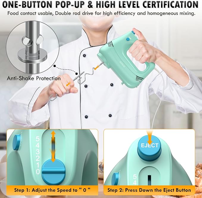 GUALIU Electric Hand Mixer, 304*(2* Beaters, 2* Dough Hooks), (1* Storage Bag) Handheld Mixer for Baking Cakes, Eggs, Cream Food Mixers, Turbo Boost /5 Speed Kitchen Blender GREEN