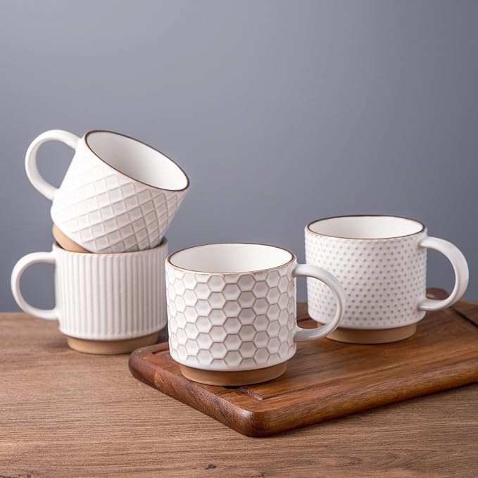 GBhome 12 OZ Stackable Coffee Mugs Set of 4, Ceramic Coffee Cups Set | 4 Assorted Designs, Embossed Mugs with Texture Patterns for Tea/Coffee, Dishwasher&Microwave Safe, Off White