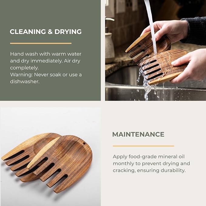muso eood Acacia Salad Hands, Wooden Salad Tongs, 1 Pair | for Serving Salad Mixes, Set for Serving Salad Fruit on Your Kitchen Counter