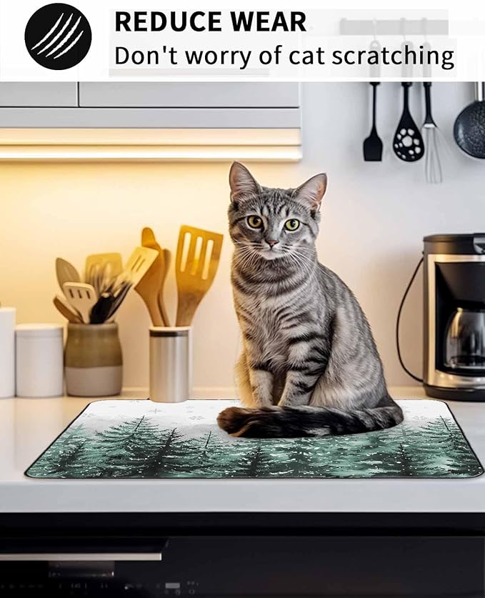Stove Top Covers for Electric Stove 36x21 Inches, Forest Christmas Tree HeatResistant Glass Cooktop Protector, Green Xmas Snowflake Misty Winter Ceramic Stovetop Countertop Covers Mat, Oven Cover