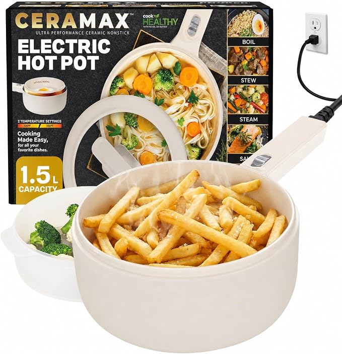 CERAMAX PRO 1.5L Electric Hot Pot with Lid & Steamer | Adjustable Temp, Non Toxic Ceramic Cooker Skillet for Ramen, Eggs, Pasta for Dorms, Camping, RV - New Improved 2026 Model