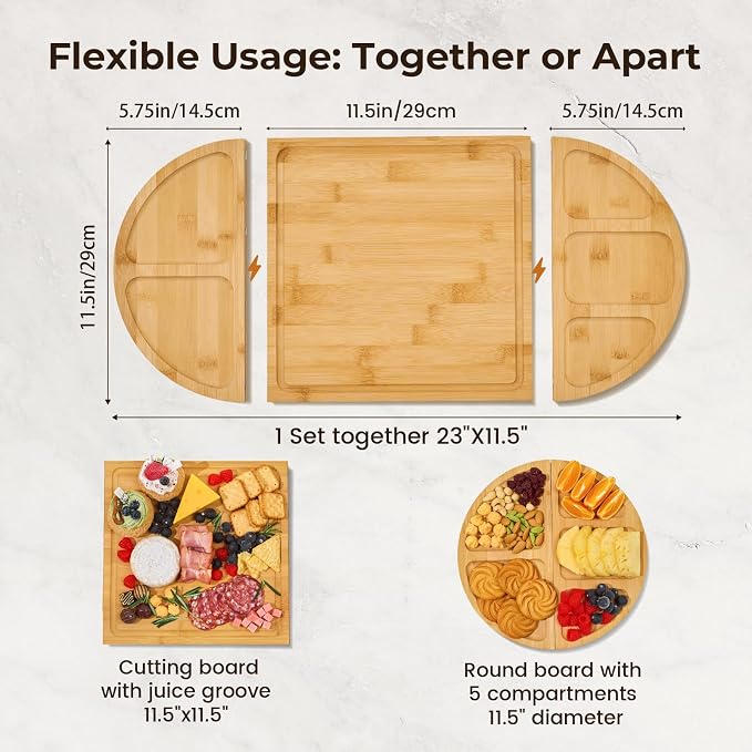Magnetic Bamboo Charcuterie Board Set, 3-Piece Serving Tray | 100% Natural Bamboo, Magnetic 3-Piece Transformable Layout,Built-in Juice Grooves, Fits Parties and Gatherings