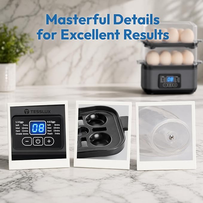Tesslux Egg Cooker, Dual Layer 12 Egg Boiler, Soft Hard Poached, Black | LED Countdown Timer, Touch Control, Poaching Bowl, Omelet Maker, Two Trays, Vegetable Steamer, Auto Shut-Off, Buzzer Alert