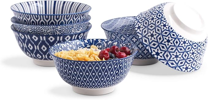 Selamica Porcelain 11oz Ice Cream Bowls Set of 6, Small Bowls, Vintage Blue | Ceramic bowls for Dessert, Ice Cream