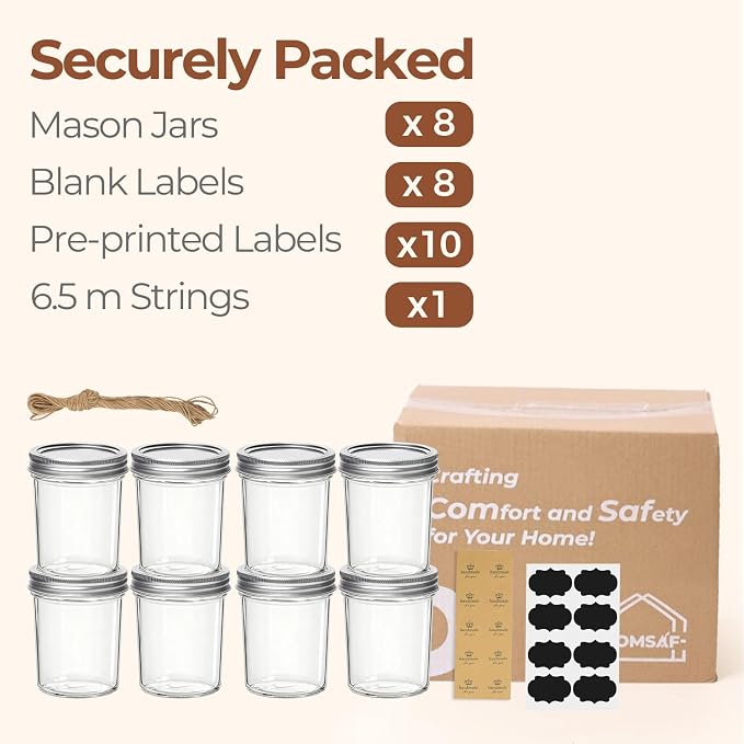 ComSaf 16 oz Wide Mouth Mason Jars Bulk Set, 8 Pack Jars with Lids | BPA-Free Materials, Clear Body, Salad Prep, Pickles, Overnight Oats, Honey, Candle Making, Wedding Favors